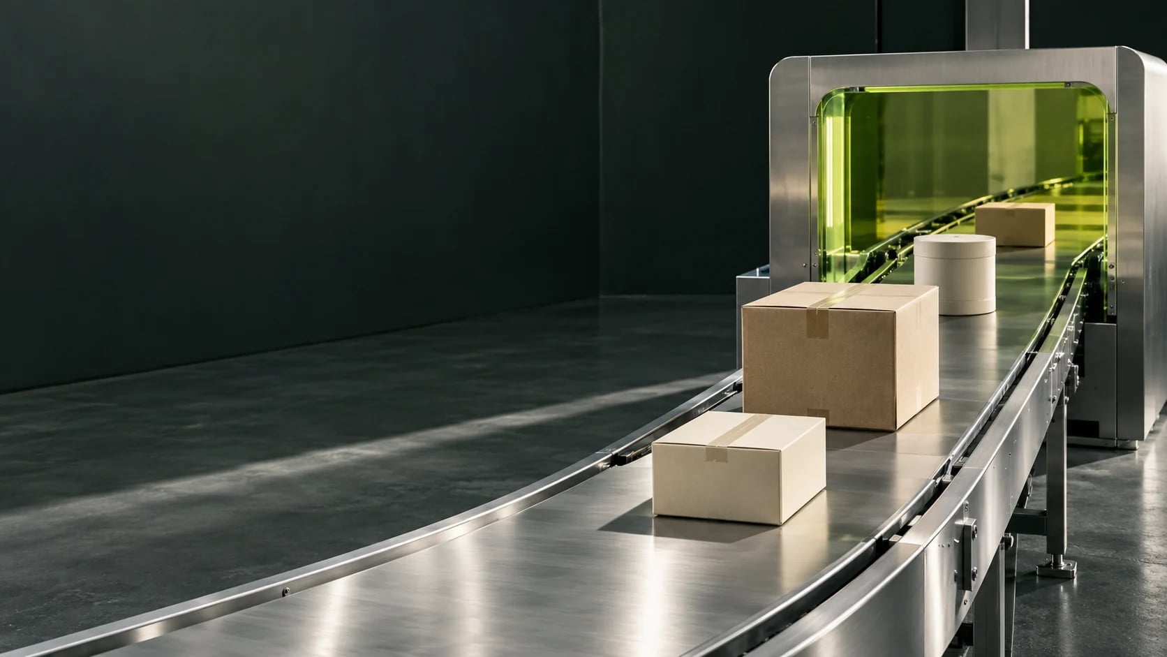 Generated concept image of product packages moving through a lime-colored scanner, representing AI-powered distribution